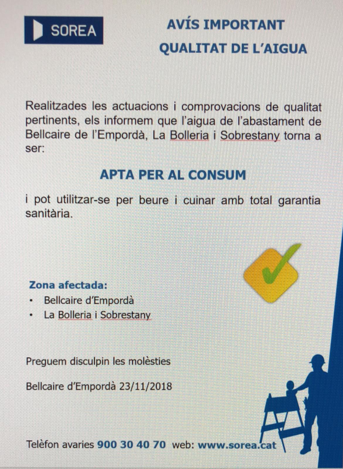 Anunci de l'estat de l'aigua de l'aixeta a Bellcaire