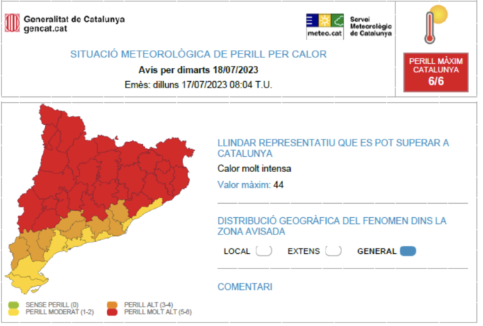 Mapa alerta per calor i altes temperatures